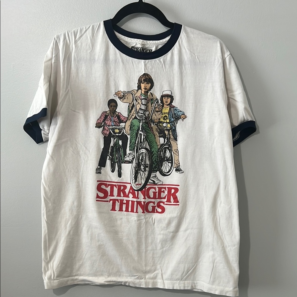 White and Navy Short Sleeve Stranger Things Tee NWOT